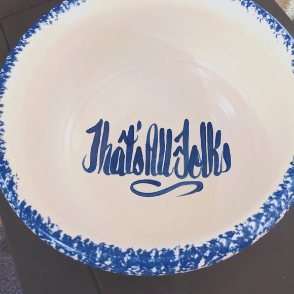VTG Pottery Popcorn Bowl Blue Spongeware That's All Folks stoneware bowl - Picture 2 of 5